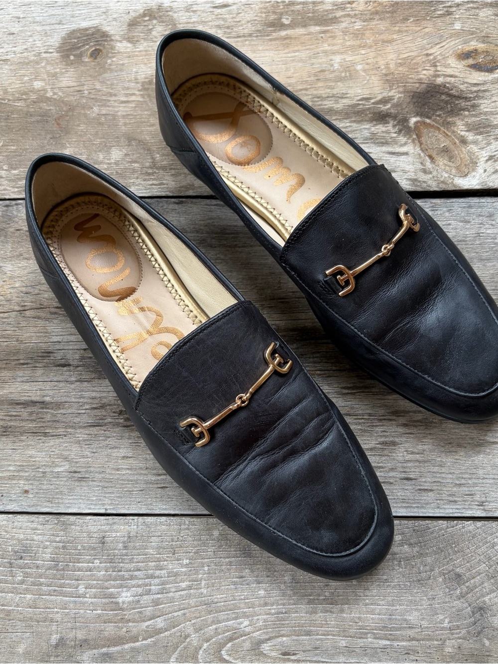 Sam Edelman Loraine Black Leather Women's Bit Loafers with Gold Hardware
